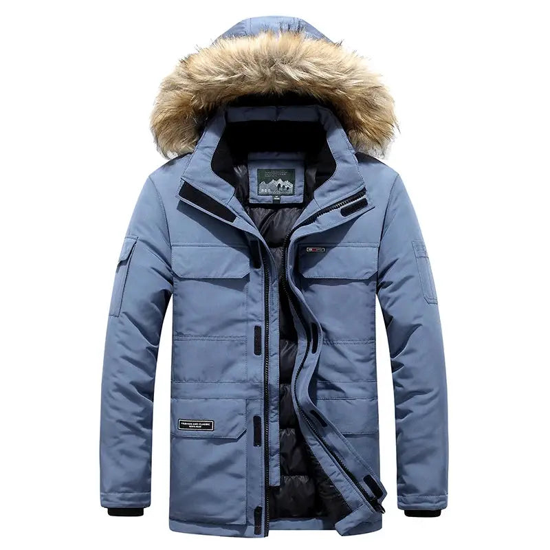 Simples Market men's blue 30-Degree down parka with fur-trimmed hood, mid-length winter coat.