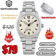Watchdives WD1960S V2 stainless steel wristwatch with beige dial and sapphire crystal.