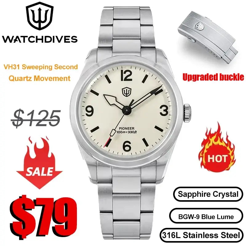 Watchdives WD1960S V2 stainless steel wristwatch with beige dial and sapphire crystal.