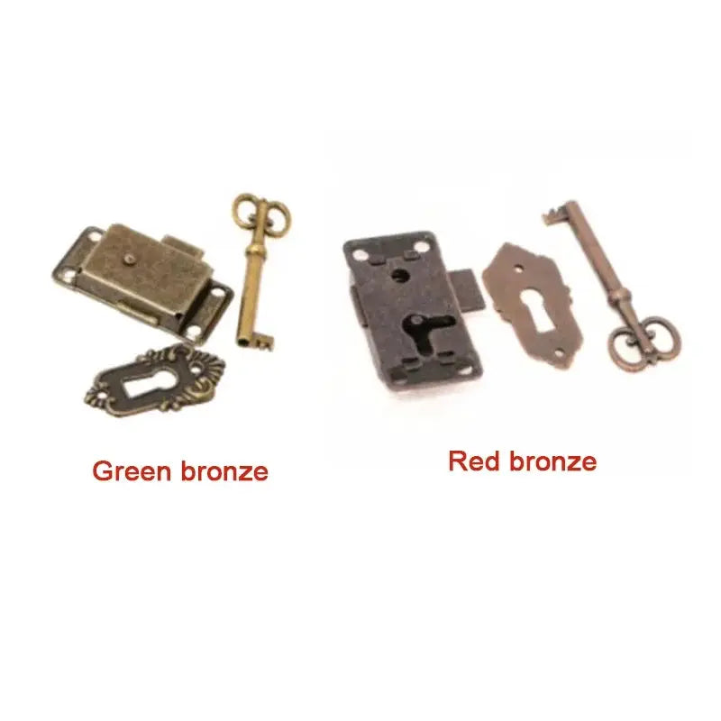 Antique door lock set with key; green bronze and red bronze finishes shown, two cabinet sets by Simples Market