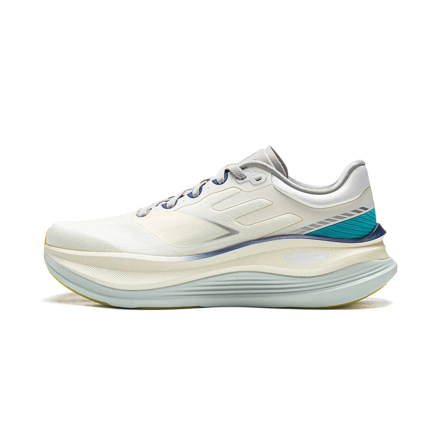 LiNing YUEYING 5 PRO running shoes with wide toe box, white/cream upper and teal heel detail