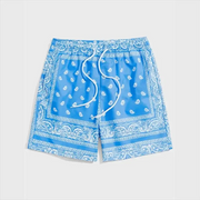 Men's swim shorts by Simples Market in blue bandana print with white drawstring