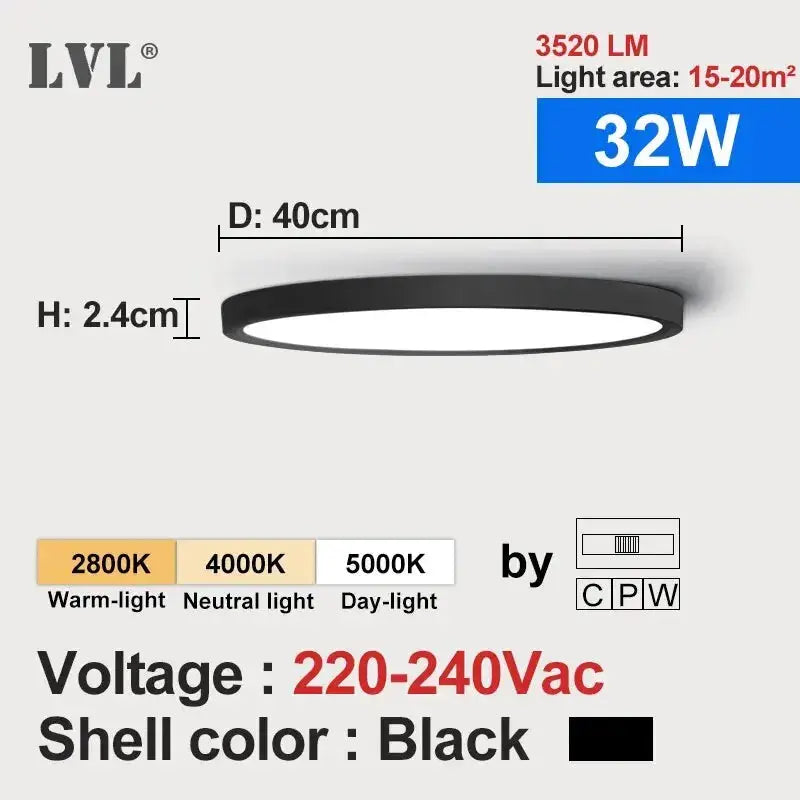 LVL LED round ceiling light black shell, 40 cm diameter, 2.4 cm height, 32W, 220-240V, 2800-5000K