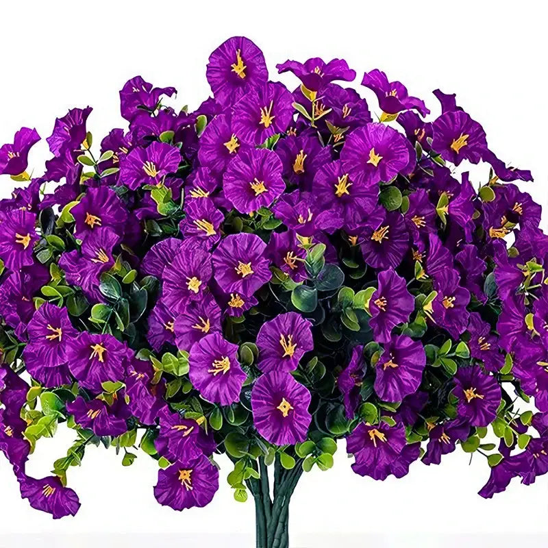 Four Bundles Artificial Morning Glory Flowers And Eucalyptus Plants UV Resistant Outdoor Garden Decoration Patio