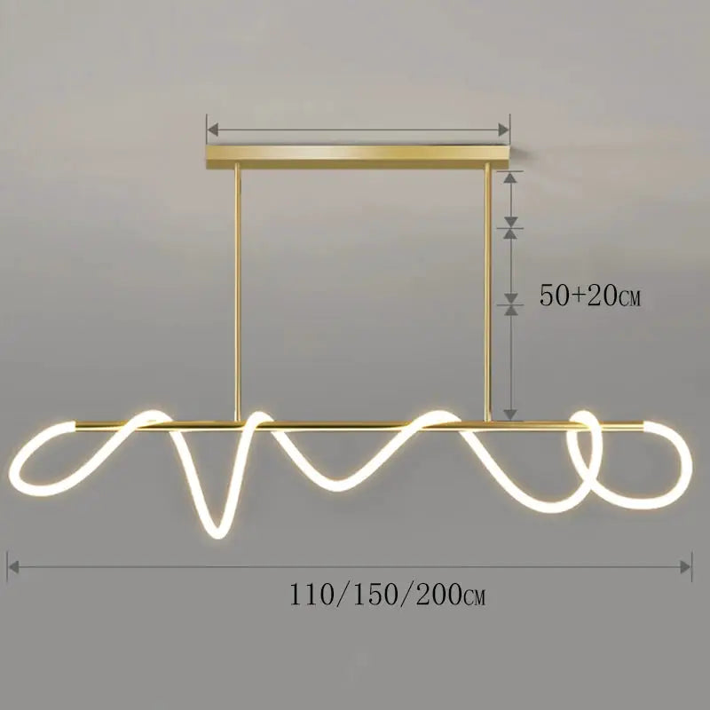 Simples Market Nordic gold pendant chandelier with neon wave LED tube, adjustable 110/150/200 cm