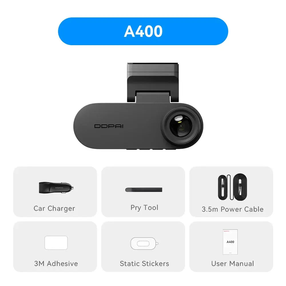 Pictrey A400 dash cam by DDPAI with 4K, ADAS, Wi-Fi and 1.9in IPS screen; includes car charger and pry tool