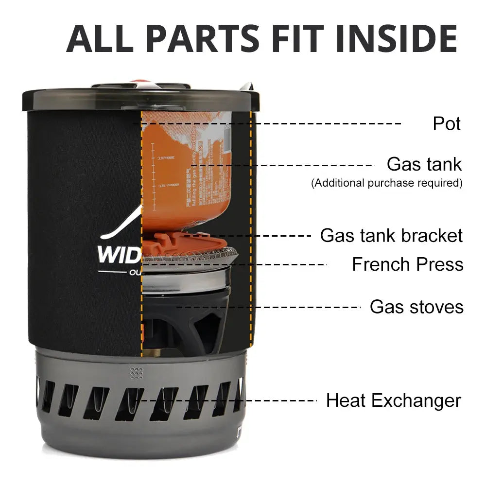 Widesea portable camping coffee maker set with 0.9L pot, French press and compact gas stove, all parts fit inside case