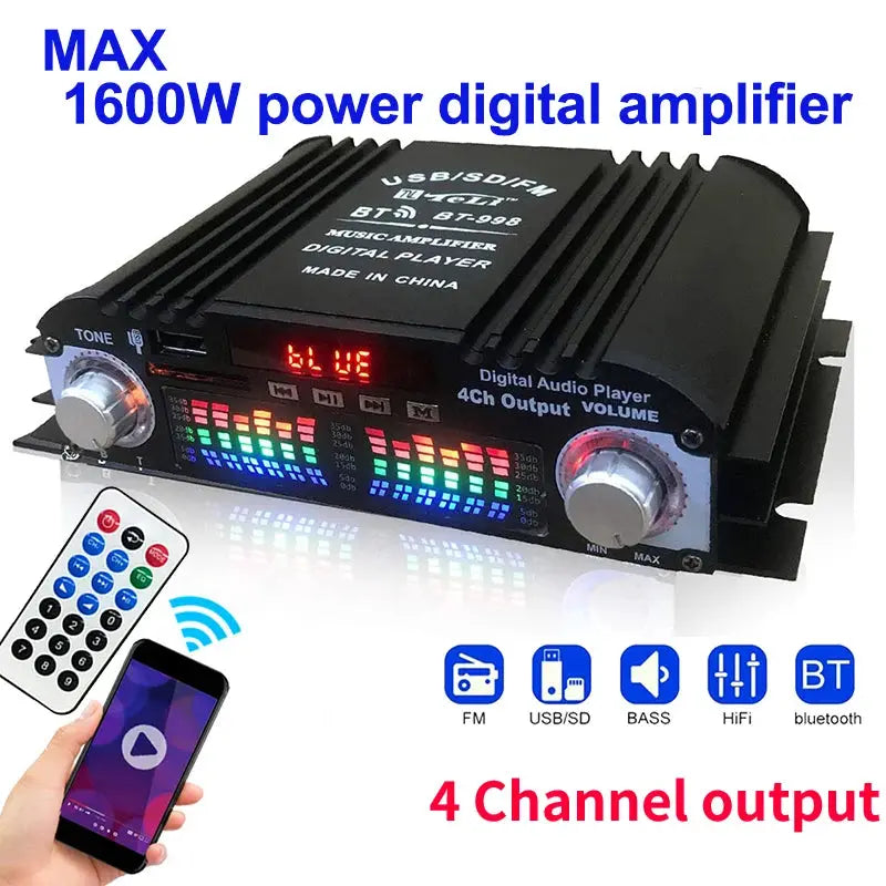 1600W Peak Power HiFi 4 Channel Digital Amplifier Bluetooth Karaoke Player FM Radio Remote Control