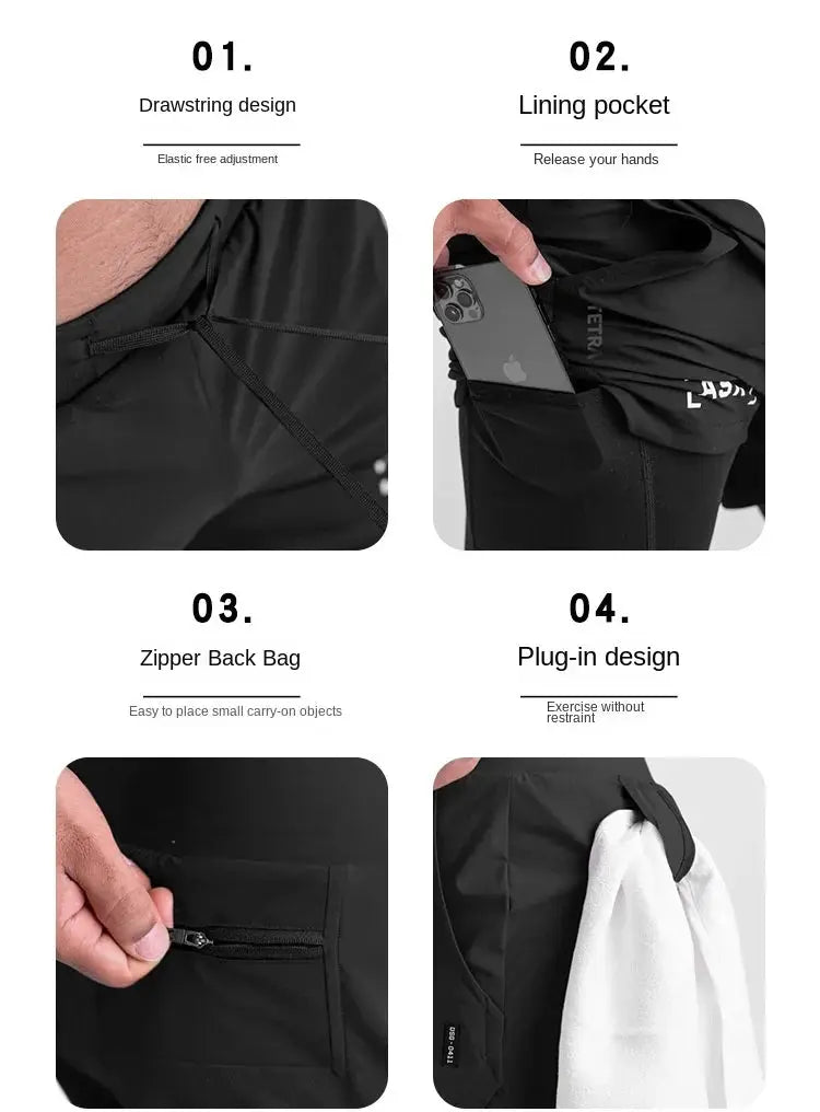 Men's 2-in-1 quick-dry black shorts with drawstring and back zip pocket