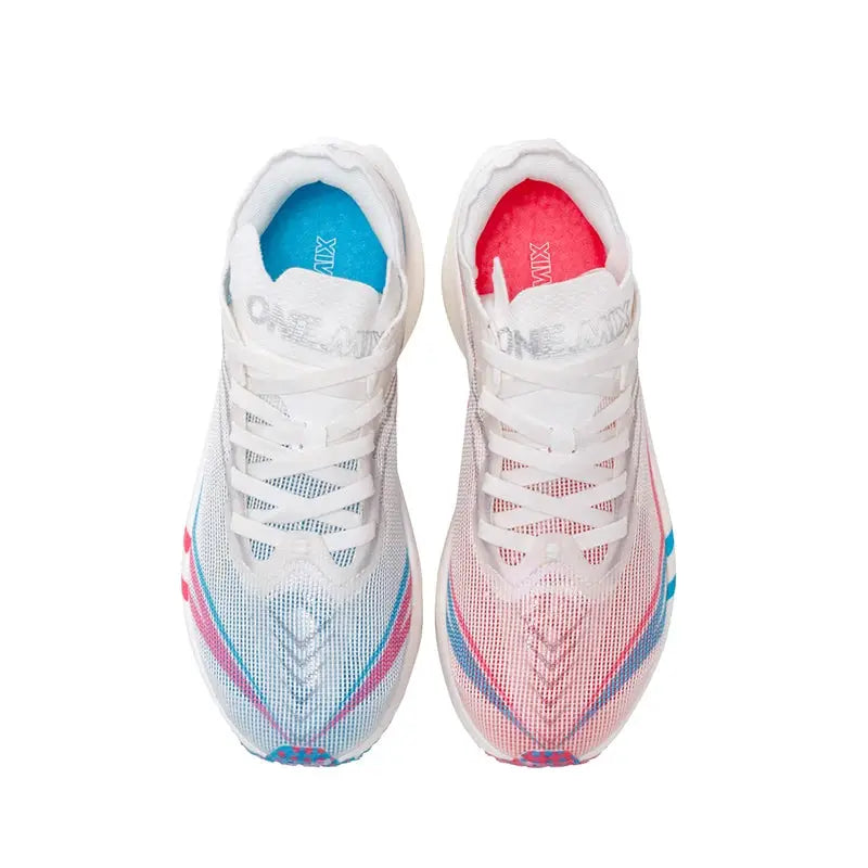 ONEMIX running shoes pair in white with blue and pink accents, mesh uppers, top-down view
