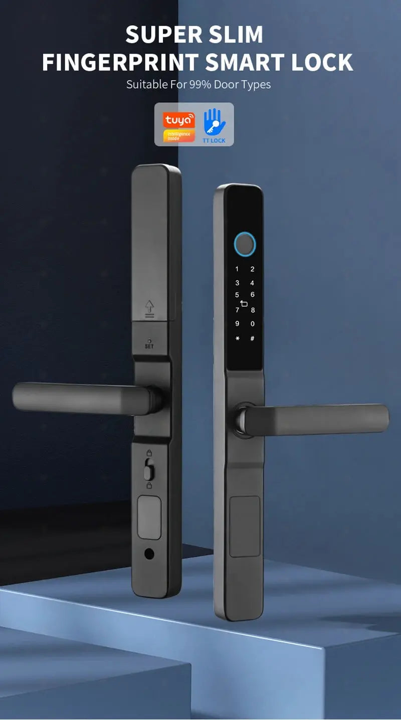 Two waterproof sliding-door smart locks with touchscreen keypad and fingerprint circle, black aluminum finish