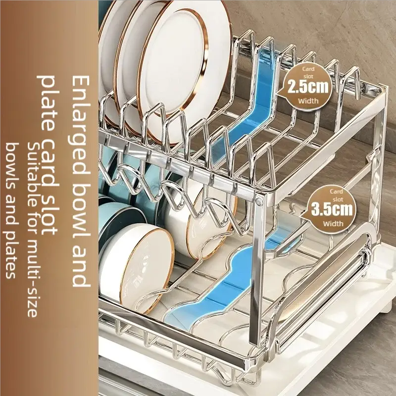 Stainless steel dish rack for bowls and plates with plate slots and draining tray