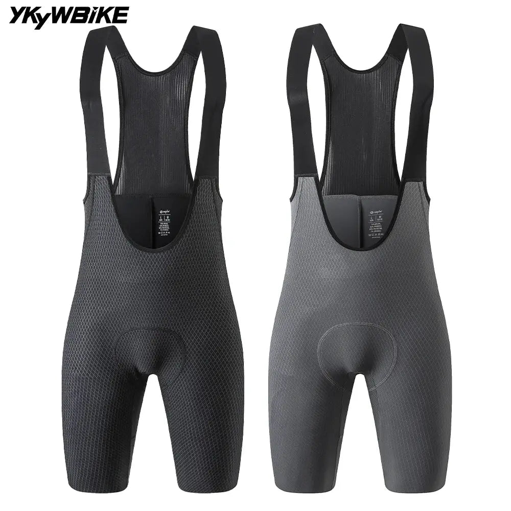 YKYWBIKE cycling bib shorts, pair in black/gray with padded seamless fabric and bib straps.