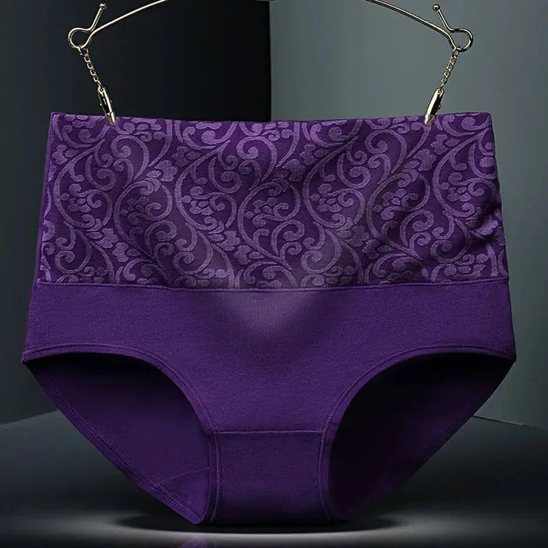 Plus-size high-waist cotton panties for women with a purple patterned top panel