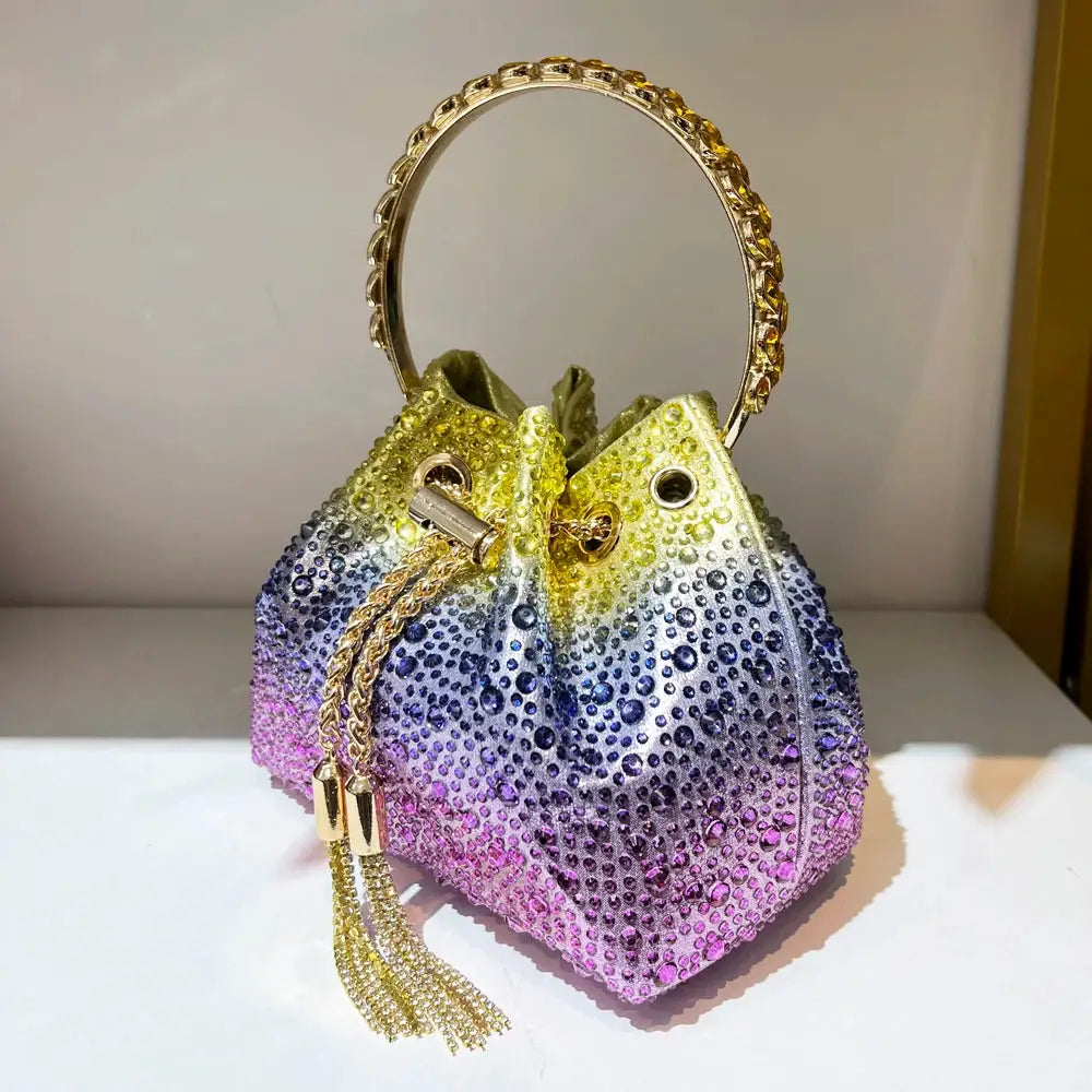 Rhinestone evening clutch bucket bag with rainbow gradient crystals and gold ring handle by Simples Market