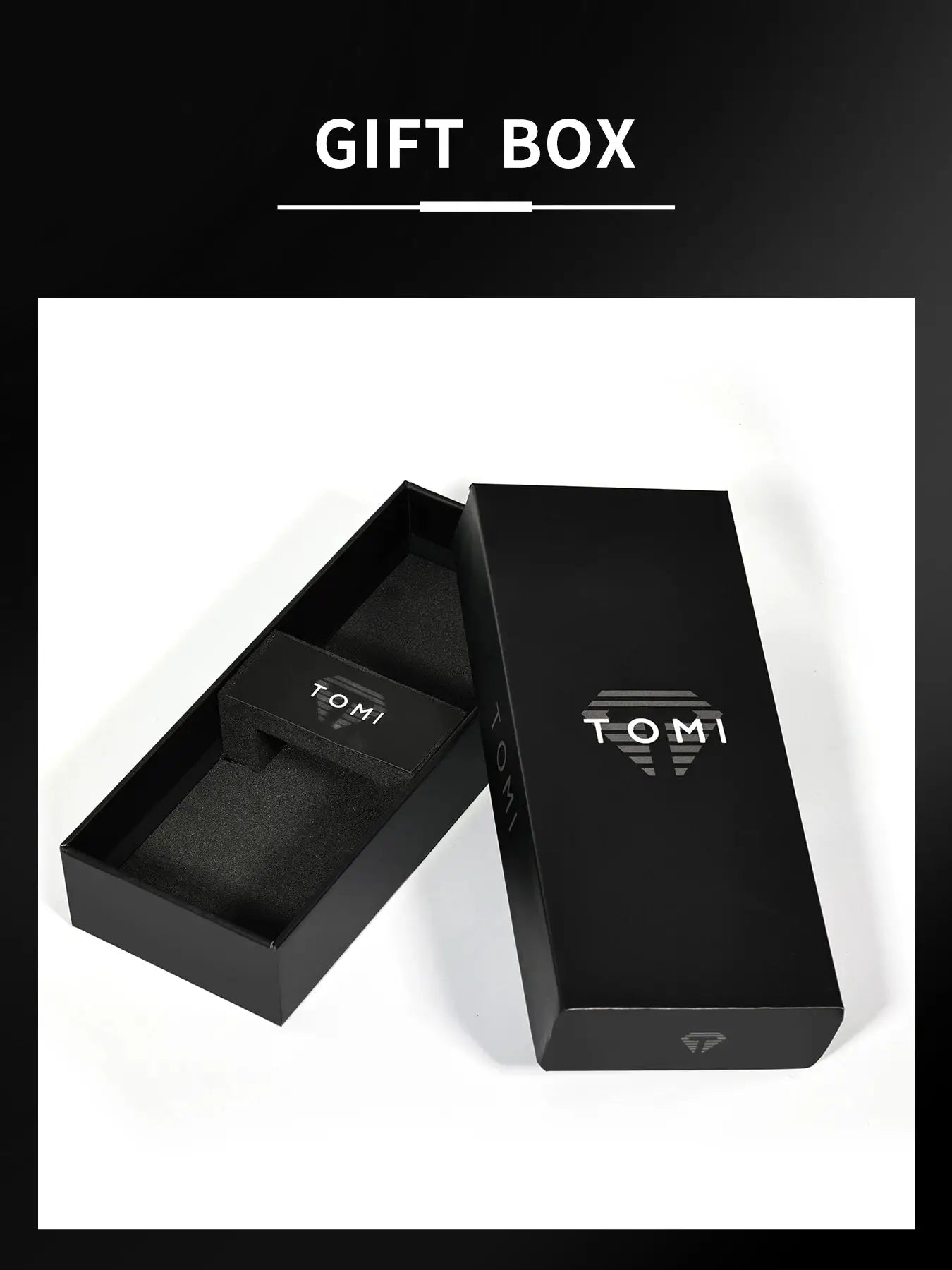 TOMI men's watch packaging: black gift box with TOMI logo and foam-lined interior