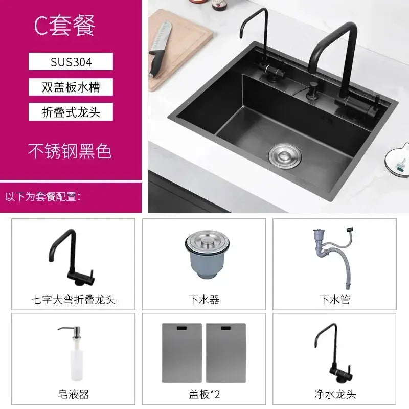 Simples Market Nano hidden 55x45x23 cm SUS304 stainless steel sink; includes faucet, drain, pipes, soap dispenser, two cover plates.