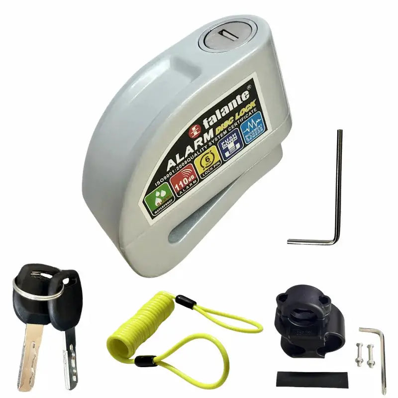 Falante alarm disc lock for motorcycle/bicycle, gray aluminum alloy, waterproof, with reminder rope, keys, screws