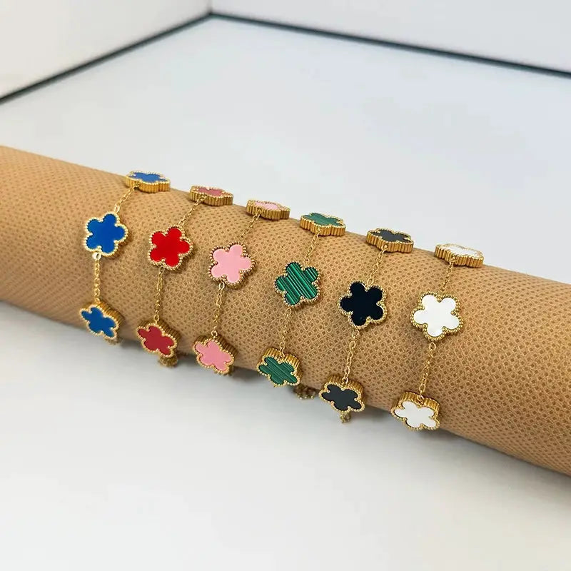 Adjustable Stainless Steel Bracelet Double Sided Five Leaf Clover Petals Gold Plated Women Fashion Jewelry