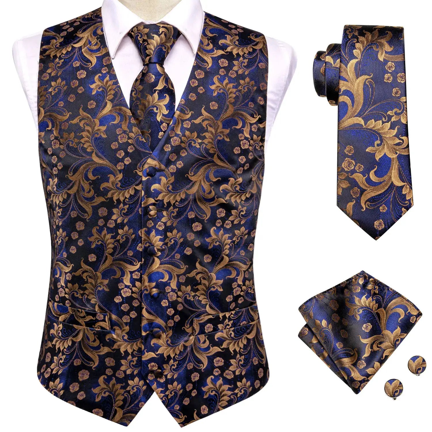Simples Market wedding waistcoat set in royal blue and gold paisley with tie, handkerchief, and cufflinks