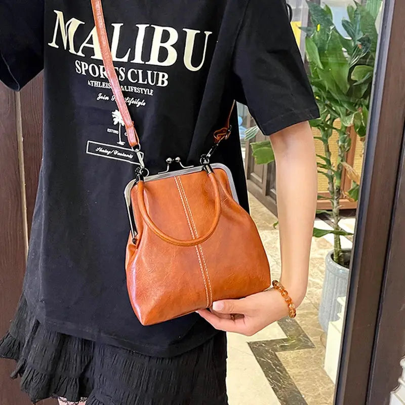 Vintage-style brown PU leather women's handbag with crossbody strap