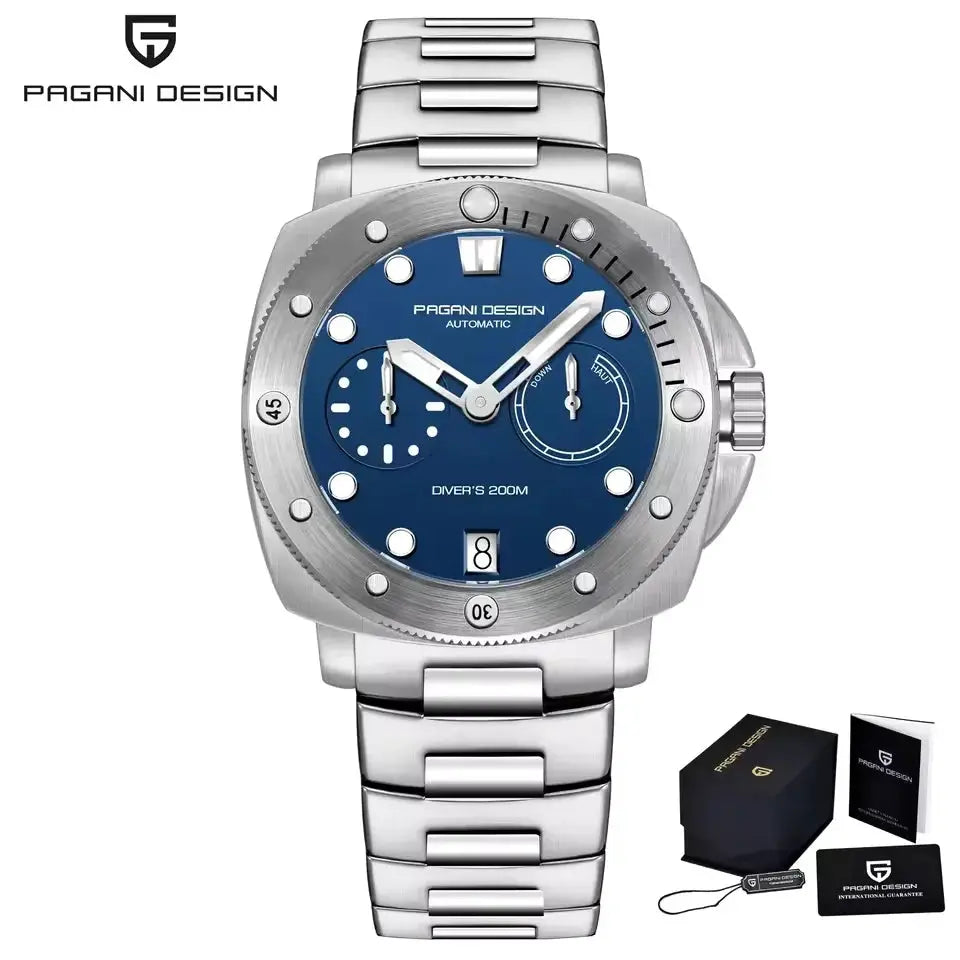 Pagani Design men's automatic diver watch with blue dial, stainless steel bracelet, 200m water resistant, AR sapphire, boxed set.