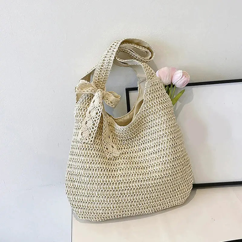 Rattan woven women's shoulder bag, beige straw tote with bow tie, large capacity