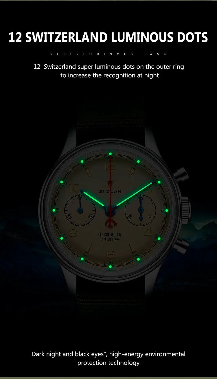 Simples Market Red Star 38mm chronograph watch with Seagull ST1901 movement; green lume hands and markers.
