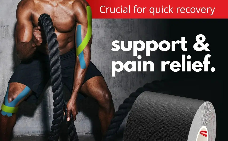 Simples Market kinesiology tape roll, black elastic sport tape shown on a muscular athlete for support and pain relief.