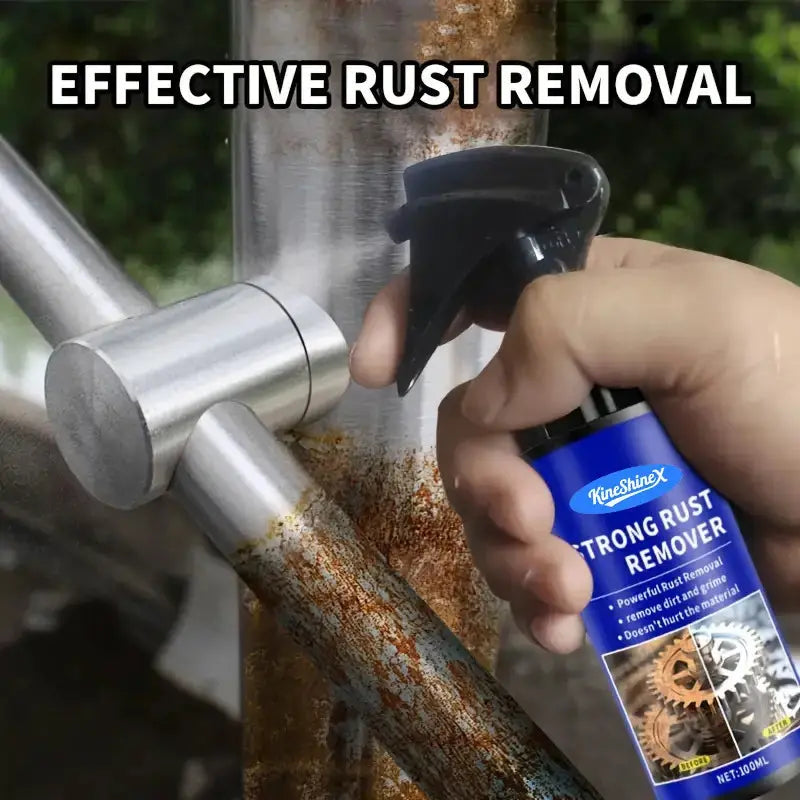Automotive rust remover spray in blue bottle for metal rust on exhaust pipes