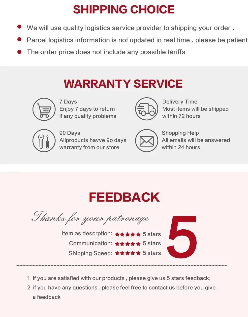 Car wrap policy banner showing shipping options, warranty service icons, and 5-star feedback