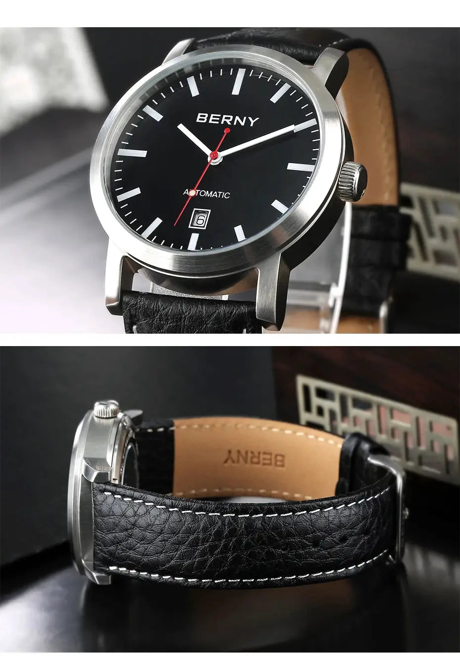 BERNY men's automatic wristwatch with black dial and black leather strap