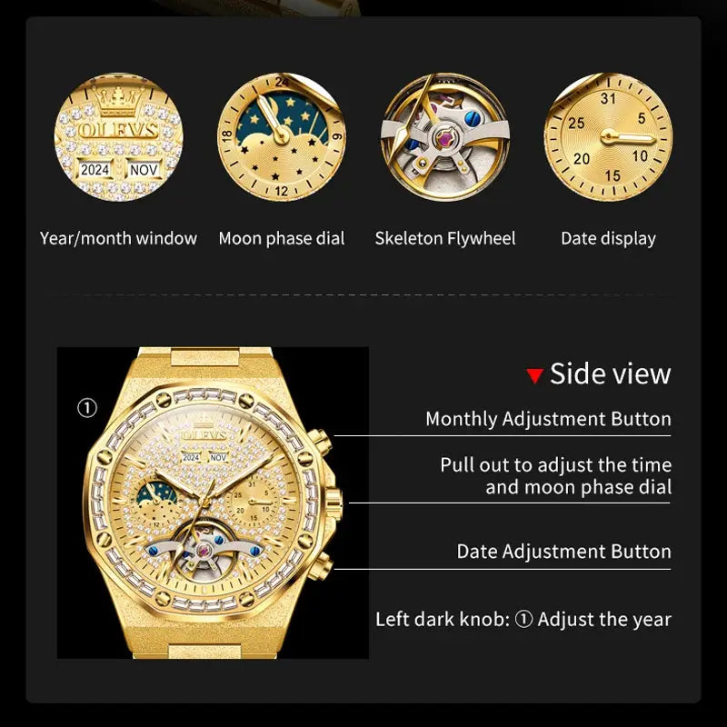 OLEVS gold steel men's watch with diamond bezel, date display, moon phase dial and skeleton flywheel movement