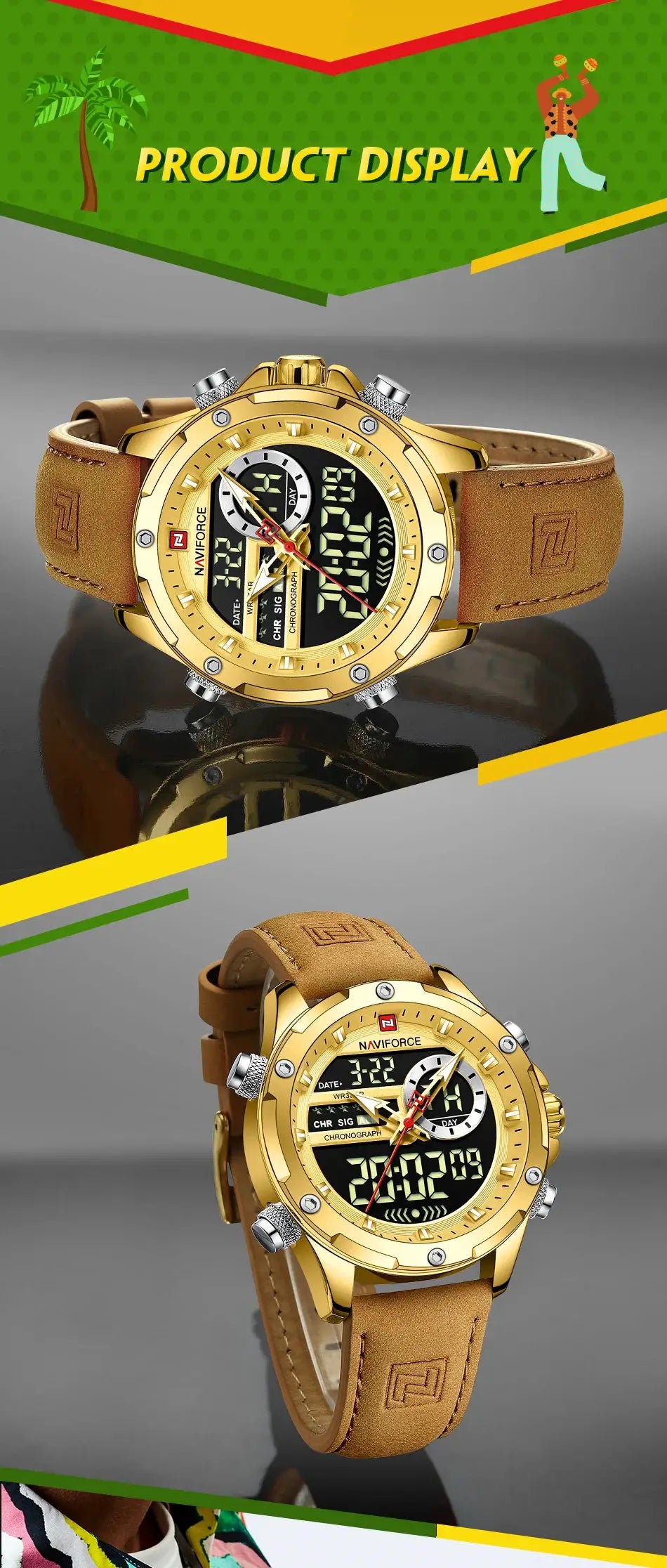 NAVIFORCE luxury men's wristwatch with gold-tone case, brown leather strap, chronograph, digital display, waterproof