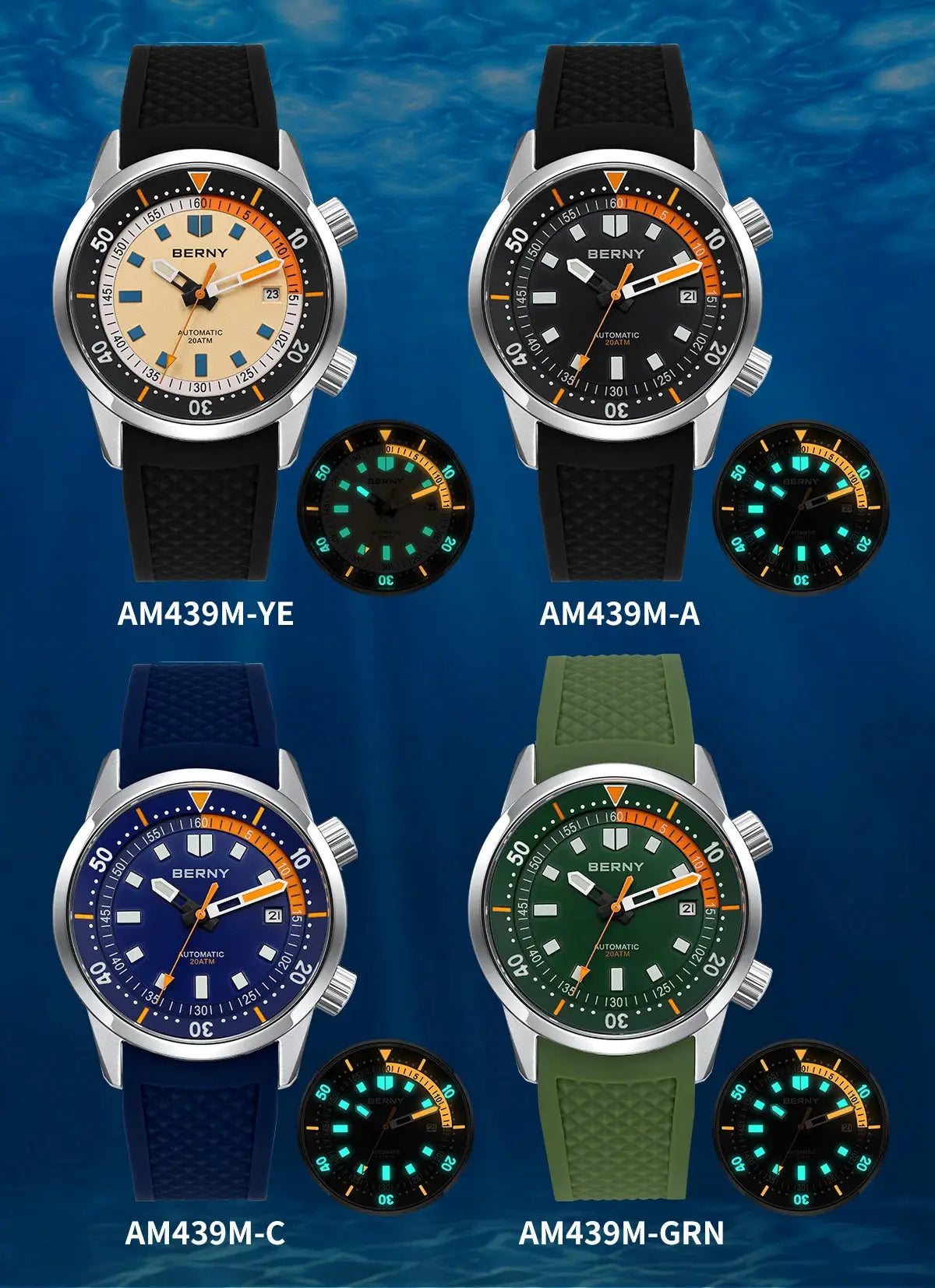BERNY men's dive watches; four color variants (beige, black, blue, green), 42mm, 200M water resistant.