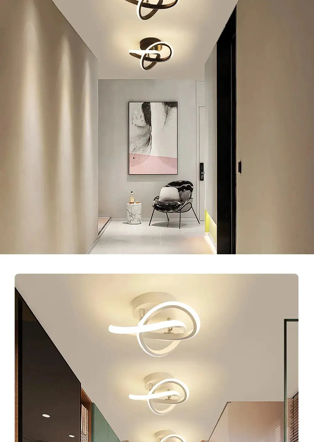 LED ceiling ring lights in white metal with warm-white glow for hallway, entrance, and stairs; modern minimalist design