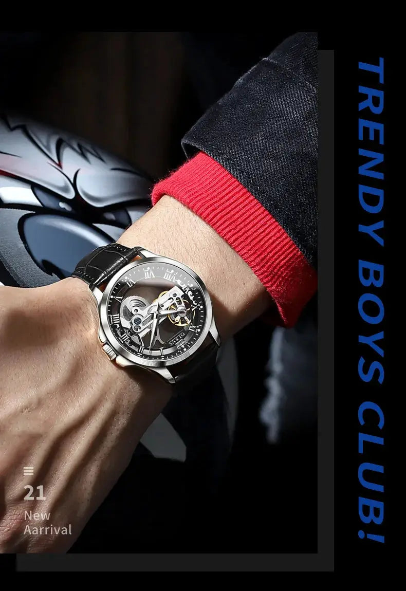 OLEVS 6661 skeleton automatic men's wristwatch with black leather strap and silver case
