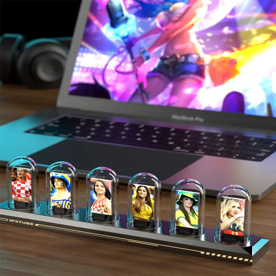 RGB Nixie Tube Clock with LED glow and IPS color screen; 7 glass tubes on desktop