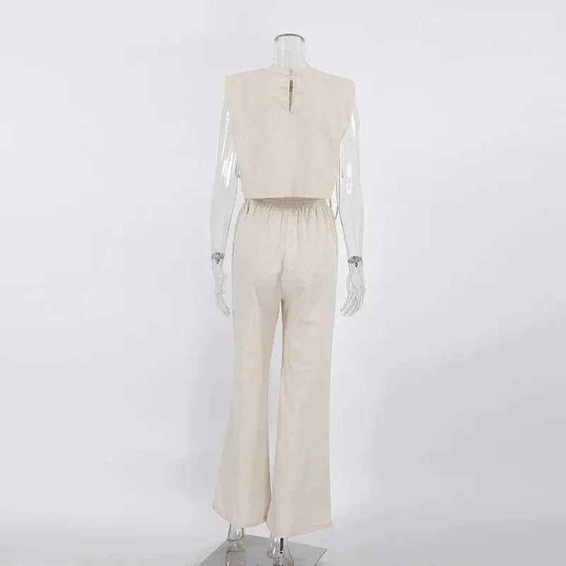 Linen Two Piece Pant Set With Crop Top For Women Spring Summer 2025
