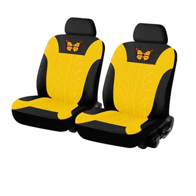 Car seat cover full set by Simples Market, yellow butterfly embroidery on black, universal fit for 2 front seats