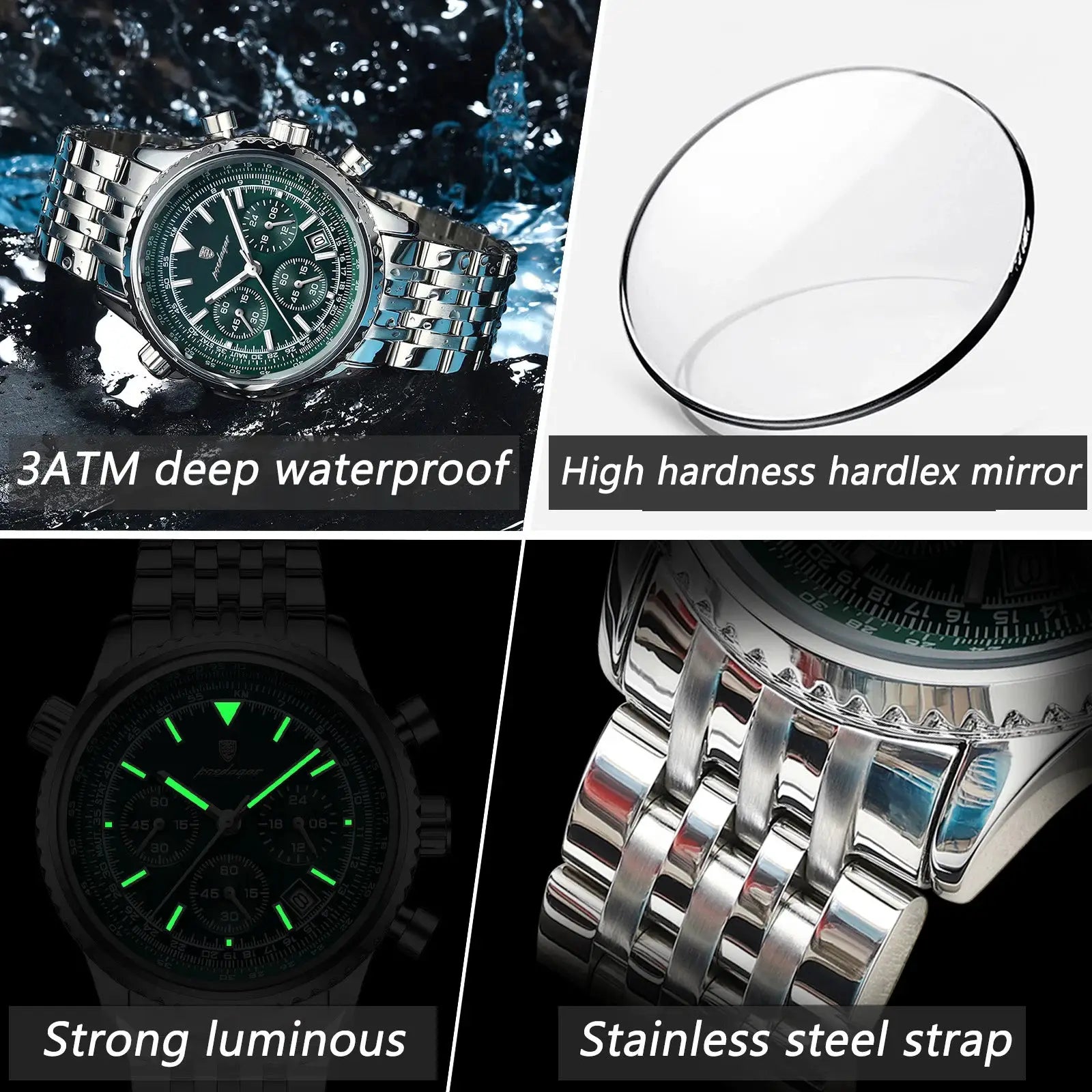POEDAGAR men's luxury chronograph watch with stainless steel strap, date display, luminous dial, 3ATM waterproof