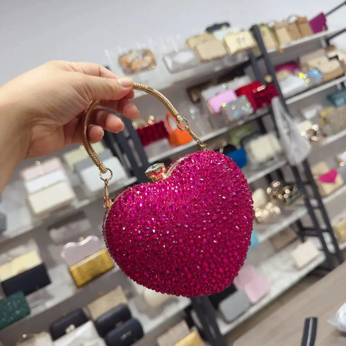 Simples Market pink crystal heart clutch purse with gold chain shoulder strap, rhinestone evening bag