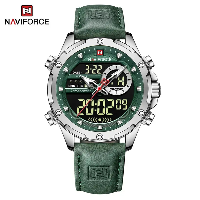 NAVIFORCE men's luxury sport watch with green dial, leather strap, digital-analog chronograph