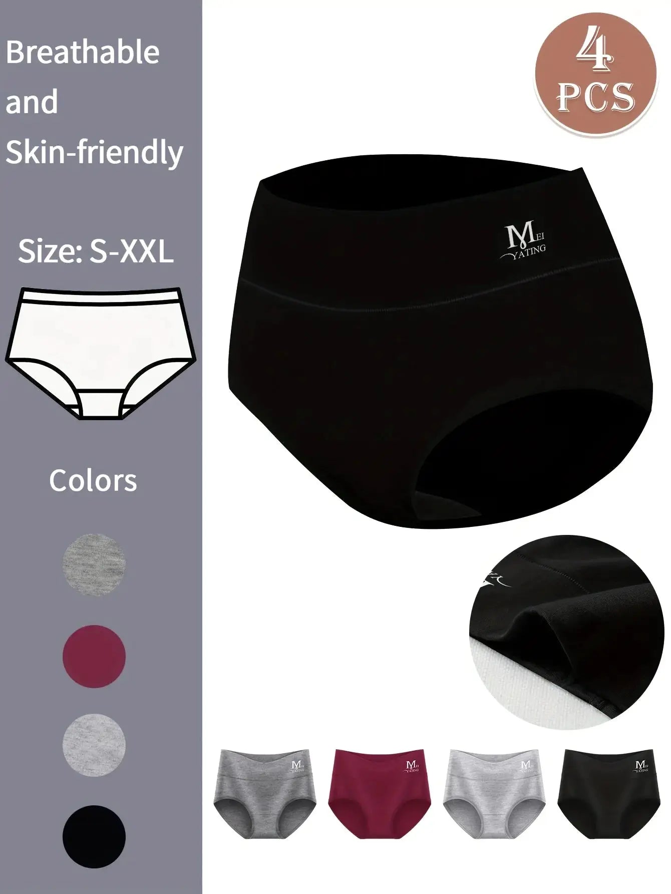 MIOTAN high-waisted tummy-control briefs 4-pack, breathable cotton underwear by Simples Market – black