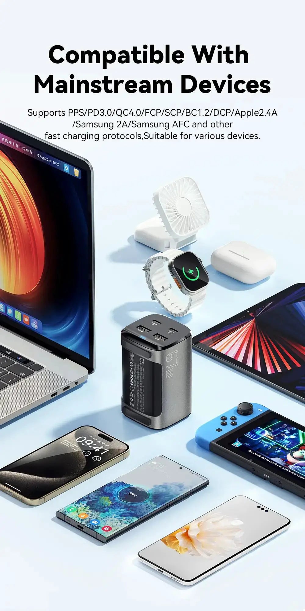 Essager 67W USB-C GaN desktop charger with 3 ports, dark gray, shown with MacBook, iPhone and smartwatch