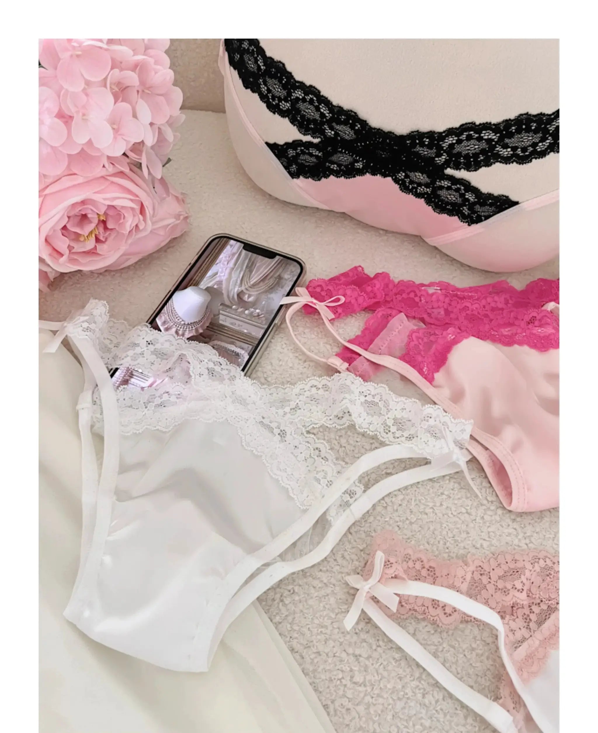 Cross belt lace transparent panties with bow; set of 4 white, pink and black lace underwear