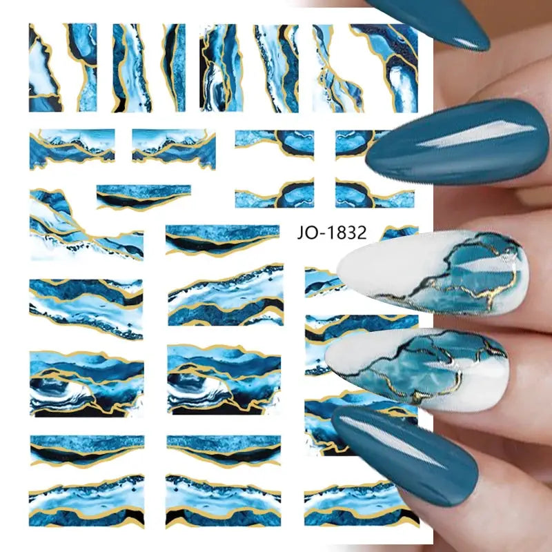 Simples Market 1PCS blue marbled nail art decals sheet with gold foil stripes