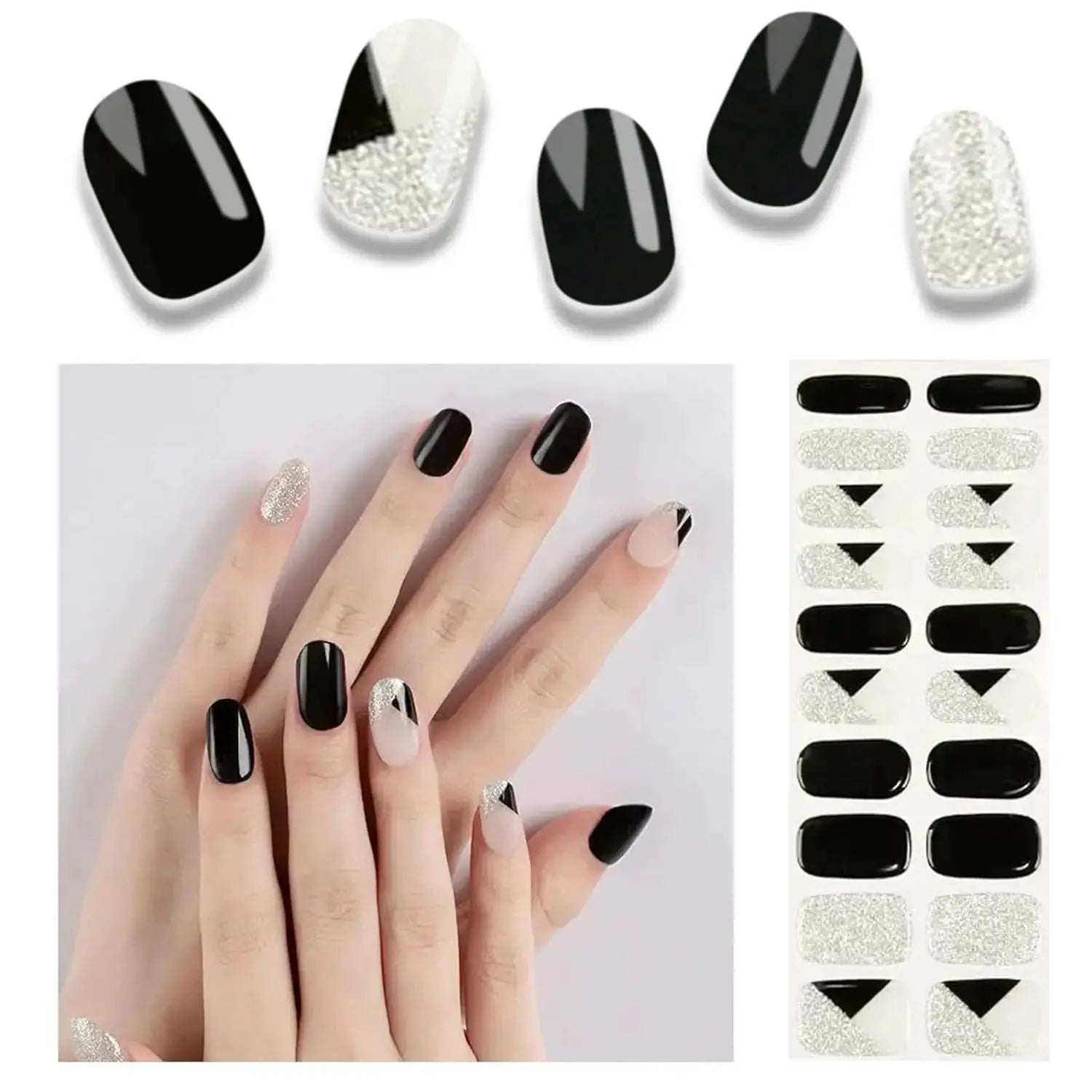 Simples Market gel nail wraps set 16/20/22 tips, full cover, black with silver glitter, UV lamp needed