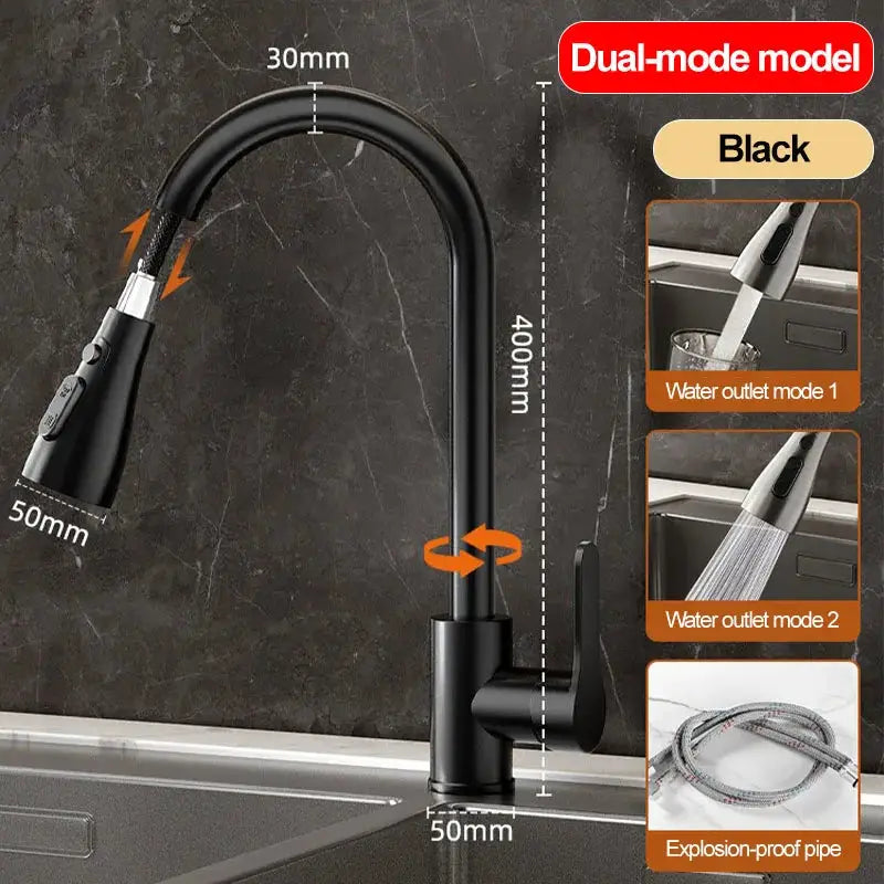 Simples Market stainless steel pull-out kitchen faucet with black finish, hot/cold dual-mode spray, retractable hose