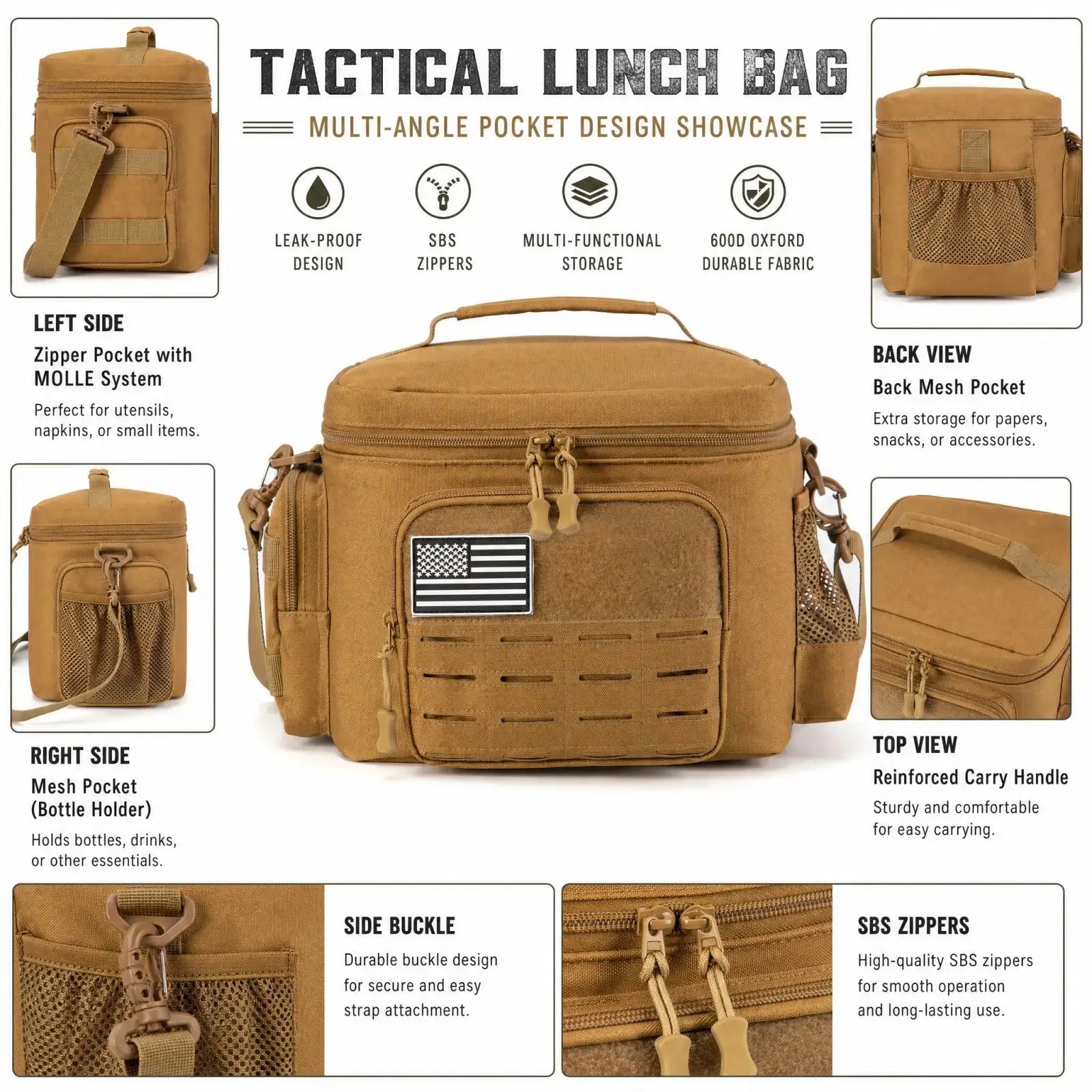 Simples Market 13L tactical lunch bag in tan with leakproof insulated design and multiple pockets